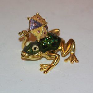 Impulse Collectibles Frog w/ Umbrella & Rhinestones Hinged Lid Trinket Pill Box
